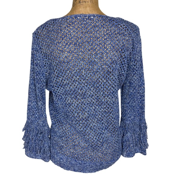 Tyler Boe Fringe Bell Sleeve Sweater Blue Open Knit Cotton Coastal Size Medium - Picture 3 of 6